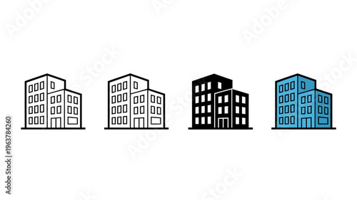 Four simplified building icons are displayed in a row each with a distinct color and outline style high quality professional detailed modern elegant stylish clean crisp