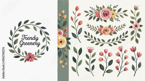 A collection of watercolor floral arrangements and wreaths featuring roses leaves and delicate botanical elements high quality professional detailed modern elegant stylish clean crisp vibrant colorful