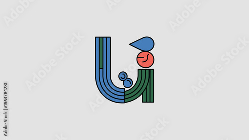 An abstract illustration features stylized shapes and lines in blue green and red resembling a letterform and circular elements high quality professional detailed modern elegant stylish
