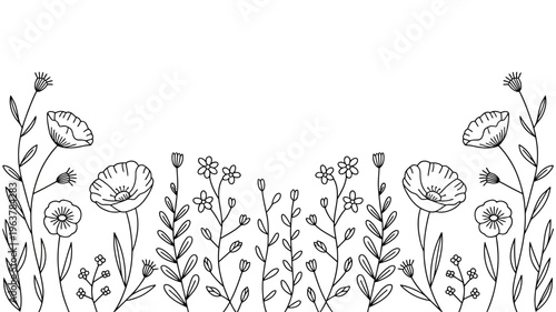 A delicate black and white botanical illustration features wildflowers and stylized foliage arranged along a bottom border high quality professional detailed modern elegant stylish clean crisp