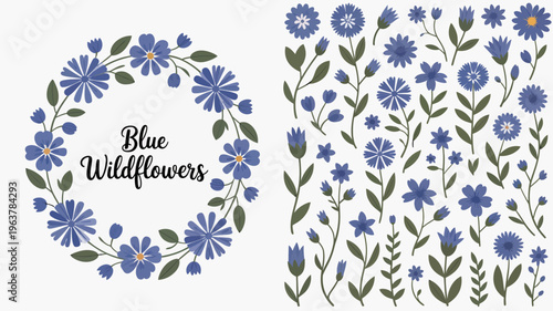A digital illustration showcases vibrant blue wildflowers arranged as a wreath and individual stems with the text blue wildflowers high quality professional detailed modern elegant stylish