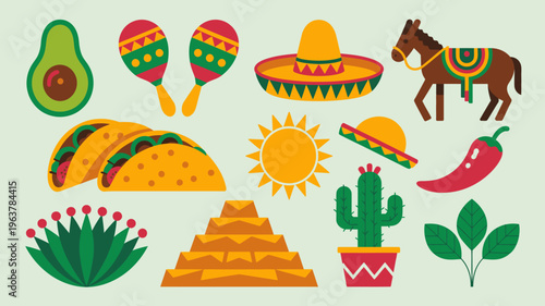 A vibrant illustration depicts iconic symbols of mexico including food cultural artifacts and desert landscape elements high quality professional detailed modern elegant stylish clean crisp colorful