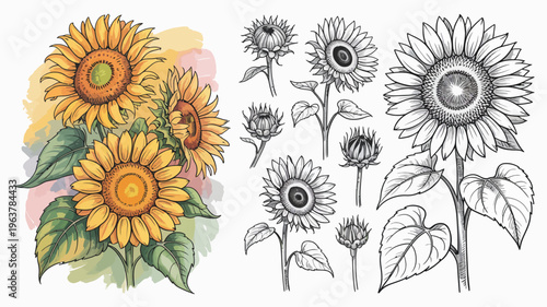 A vibrant illustration showcases sunflowers in various stages from colorful blooms to delicate buds presented in a botanical style high quality professional detailed modern elegant stylish