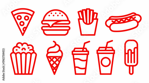 A collection of red line art illustrations depicts various fast foods and sweet treats including pizza burgers and ice cream high quality professional detailed modern elegant