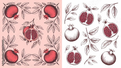 A vintage style illustration showcases various pomegranates both whole and cut open adorned with detailed leaves and stems in a repeating pattern high quality professional modern