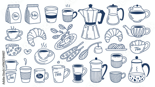 A collection of hand drawn blue line art depicting various tea and coffee accessories pastries and breakfast items high quality professional detailed modern elegant stylish clean