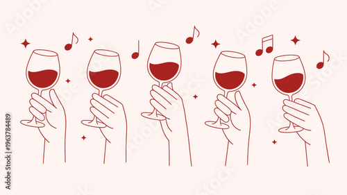 A minimalist illustration depicts five hands each holding a glass of red wine accompanied by musical notes and stars high quality professional detailed modern elegant stylish