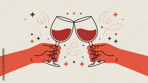 Two hands clink wine glasses filled with red liquid celebrating a joyful occasion with sparkling decorative elements high quality professional detailed modern elegant stylish clean crisp