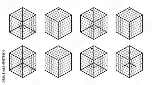 An isometric illustration depicts eight transparent cubes each with internal grid lines and a single black dot within high quality professional detailed modern elegant stylish clean