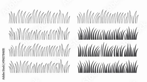 A grayscale illustration depicts various arrangements of grass blades showcasing different densities and lengths in a repeating pattern high quality professional detailed modern elegant stylish clean