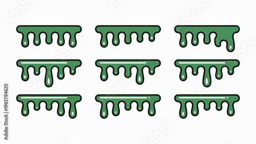 A grid of nine green cartoon style slime elements with dripping textures arranged in three rows and three columns high quality professional detailed modern elegant stylish