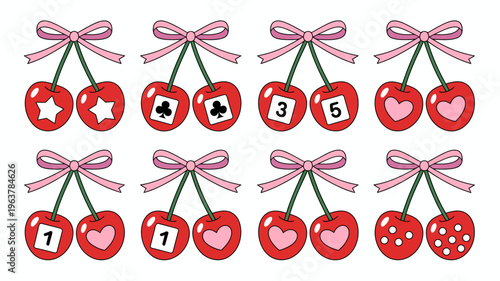 A colorful arrangement displays nine cherries each featuring a unique symbol or number on its surface and tied with pink bows high quality professional detailed modern