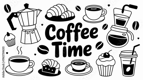 A black and white illustration depicts coffee related items including a moka pot croissants cupcakes and various cups of coffee high quality professional detailed modern elegant