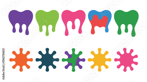 An abstract arrangement of colorful blob shaped designs resembling teeth or liquid droplets is displayed on a plain white background high quality professional detailed modern elegant