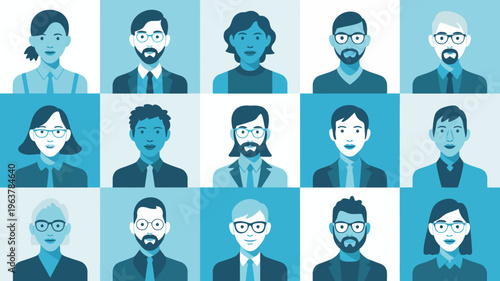 A grid of diverse illustrated faces showcases a variety of people with differing hairstyles glasses and professional attire high quality detailed modern elegant stylish clean crisp