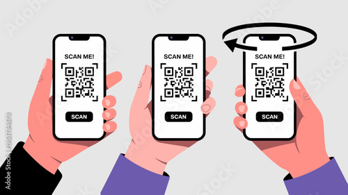 Three hands display modern smartphones each showcasing a prominent qr code and a scan button on a dark screen high quality professional detailed elegant stylish clean