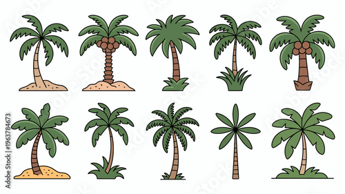 A collection of cartoon palm trees with varying shapes and sizes are displayed against a stark white background offering a tropical vibe high quality professional detailed