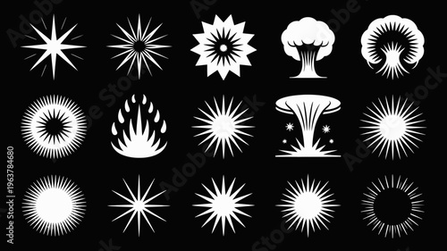 A collection of stylized white vector illustrations depicts various explosions and starburst shapes against a solid black background high quality professional detailed modern elegant stylish clean