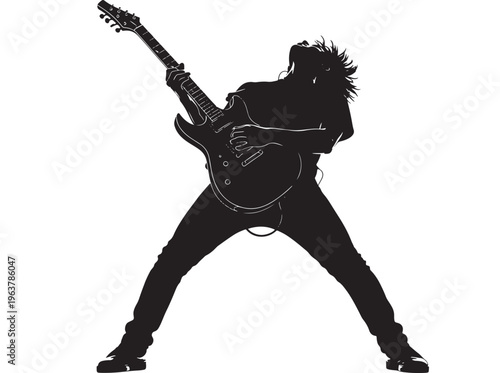 Rock musician playing electric guitar in dynamic pose with bold silhouette on for music industry branding Transparent Background