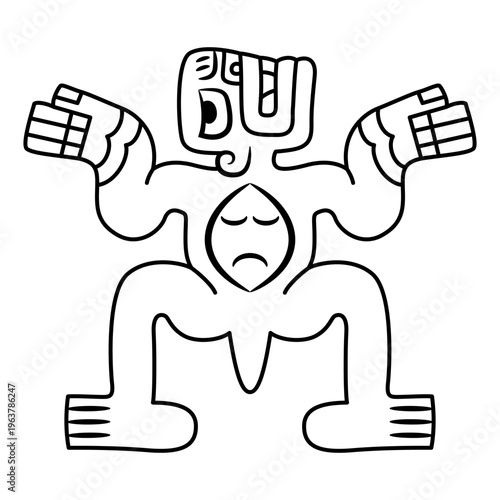 Stylized figurine of fantastic creature. Native American indigenous design from ancient Peru. Cupisnique culture. Black and white linear silhouette.