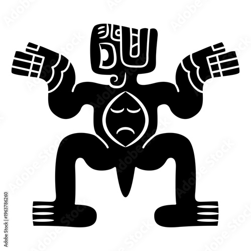 Stylized figurine of fantastic creature. Native American indigenous design from ancient Peru. Cupisnique culture. Black and white silhouette.