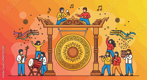 Illustration of people playing traditional Indonesian musical instruments with a large gong