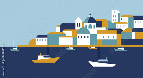 Coastal town with boats in the harbor, Mediterranean architecture.