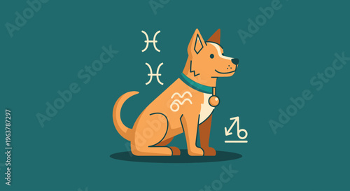 Dog with Pisces and Capricorn zodiac symbols