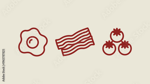 A minimalist illustration depicts a classic breakfast spread featuring a fried egg crispy bacon strips and three ripe tomatoes high quality professional detailed modern elegant stylish