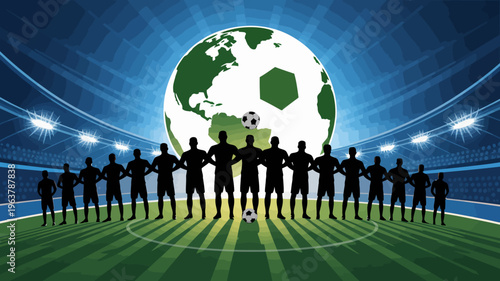 A silhouetted soccer team stands united on a vibrant green field facing a massive soccer ball globe high quality professional detailed modern elegant stylish clean crisp