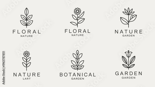 A collection of minimalist floral and botanical line art logos with accompanying text labels high quality professional detailed modern elegant stylish clean crisp vibrant colorful digital