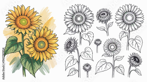 A collection of sunflowers are depicted in varying stages of bloom showcasing both colorful and monochrome illustrations high quality professional detailed modern elegant stylish clean crisp