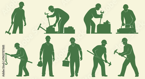 Collection of Silhouettes of Workers Engaged in Various Labor Activities.