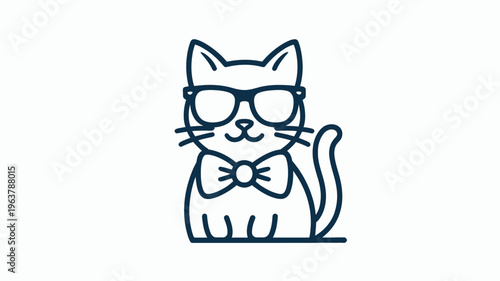 A whimsical line art illustration depicts a cool cat wearing stylish glasses and a dapper bow tie conveying a playful personality high quality professional detailed modern