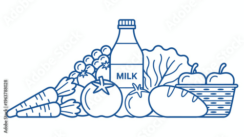 A blue line drawing depicts a variety of fresh produce including tomatoes apples carrots lettuce and a bottle of milk high quality professional detailed modern elegant