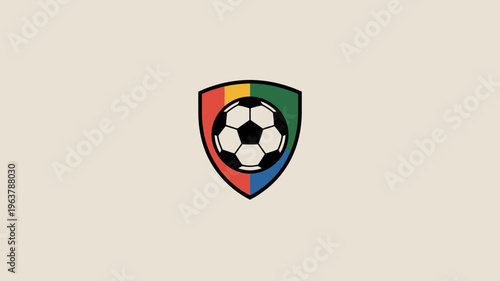 A vibrant shield shaped logo features a classic black and white soccer ball centered within colorful concentric rings high quality professional detailed modern elegant stylish clean