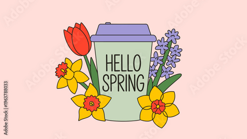 A cheerful illustration features a light green to go cup with a lavender lid surrounded by vibrant spring blossoms and greenery high quality professional detailed modern