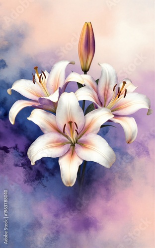 Elegant white lilies bloom against a dreamy purple and pink gradient