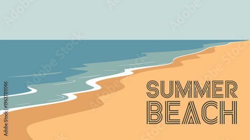 A minimalist illustration depicts a serene beach scene with gentle waves meeting a sandy shore accompanied by bold text reading summer beach high quality professional detailed