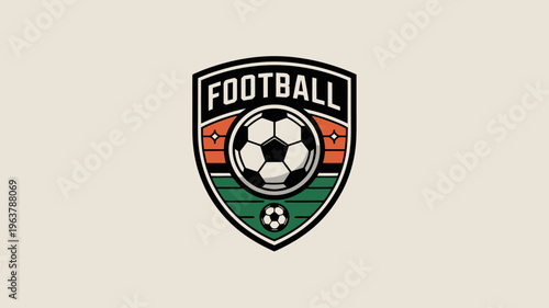 A vintage style emblem features the word football above a soccer ball illustration framed by a shield shaped design with green and orange accents high quality