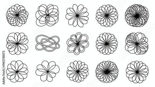 A collection of abstract black and white floral designs created with looping lines resembling stylized blossoms and patterns high quality professional detailed modern elegant stylish clean