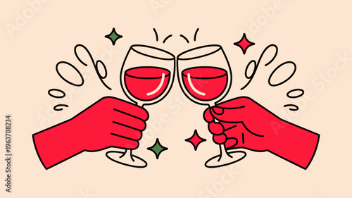 A vibrant illustration depicts two wine glasses clinking in a toast held by red hands with sparkling star shaped accents high quality professional detailed modern elegant