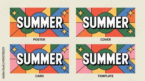 A vibrant set of four designs featuring the word summer against colorful geometric backgrounds labeled as poster cover card and template high quality professional detailed modern