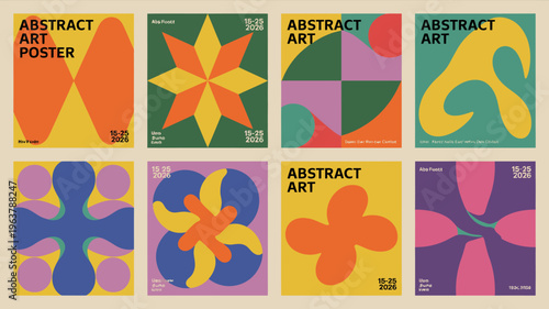 A collection of nine abstract art posters each featuring bold geometric shapes and vibrant color palettes with date information high quality professional detailed modern elegant stylish