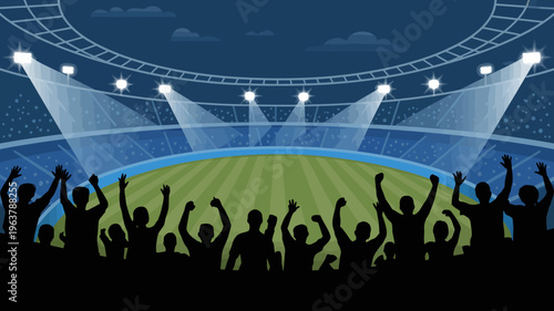 An illuminated stadium field is shown with silhouetted fans celebrating with arms raised creating a dynamic and energetic atmosphere high quality professional detailed modern elegant stylish