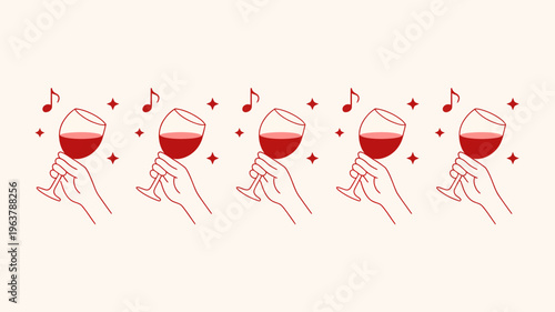 A series of hands elegantly hold red wine glasses accompanied by musical notes and sparkling stars on a pale background high quality professional detailed modern elegant