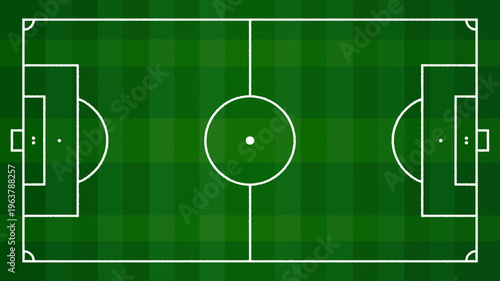 An overhead view displays a vibrant green soccer field with clearly marked white lines defining the pitch goals and center circle high quality professional detailed modern