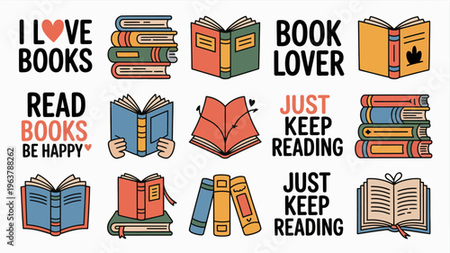 A colorful illustration showcases a love for reading with stacked and open books alongside typographic elements expressing bookish enthusiasm high quality professional detailed modern elegant stylish