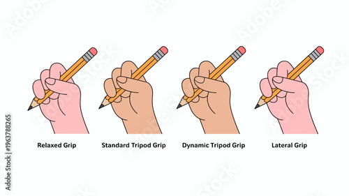This illustration depicts four different hand positions for holding a pencil showcasing variations in grip styles for writing high quality professional detailed modern elegant stylish clean