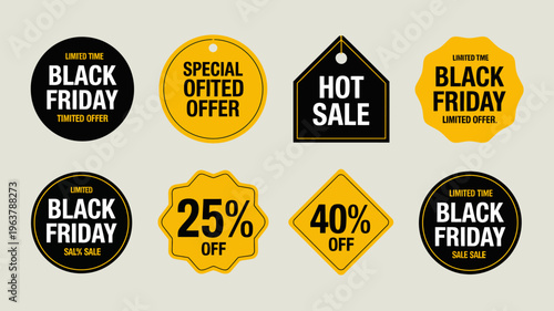 A collection of vibrant black and yellow sale tags and labels advertise limited time offers black friday deals and percentage discounts high quality professional detailed modern
